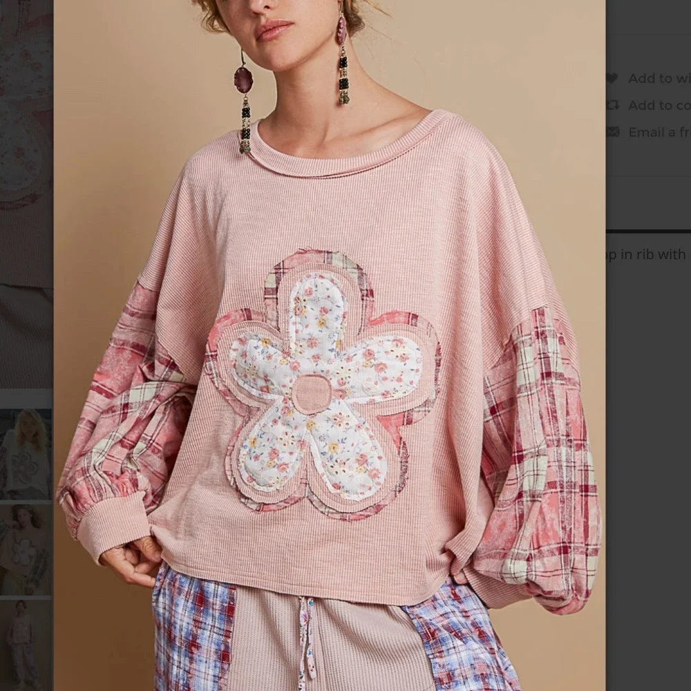POL 💜 192 POL Floral Print Flower Patch Plaid Long Sleeve Top SR9